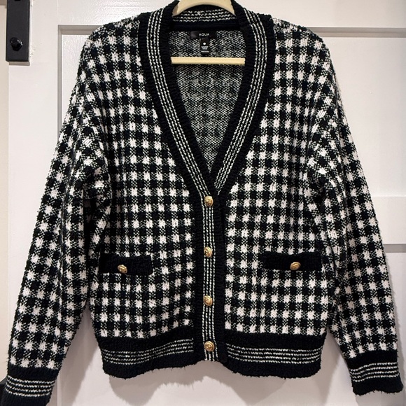 Aqua Sweaters - Aqua Black and White Houndstooth Knit Cardigan with Gold Accents